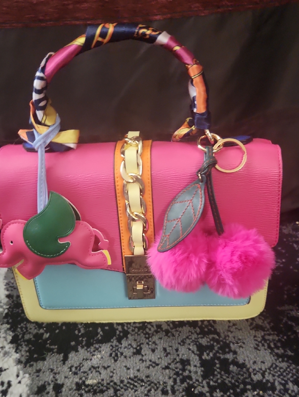 NWOT Aldo Colorblock Pink, Blue & Yellow Top-Handle Shoulder Bag with Pom Charm